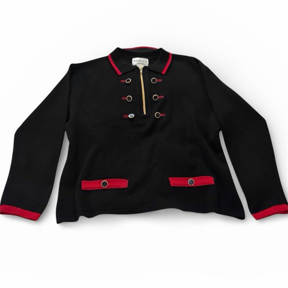Adolfo Vintage Military Knit Pullover Dark Academia Gold Button Black Red Medium